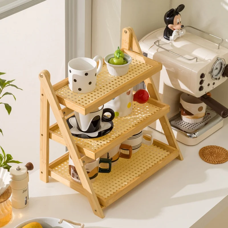 Desktop Storage Rack Foldable Storage Stand Coffee Cup Holder Multi-level Storage Solid Wood Woven Hollow Storage Rack New