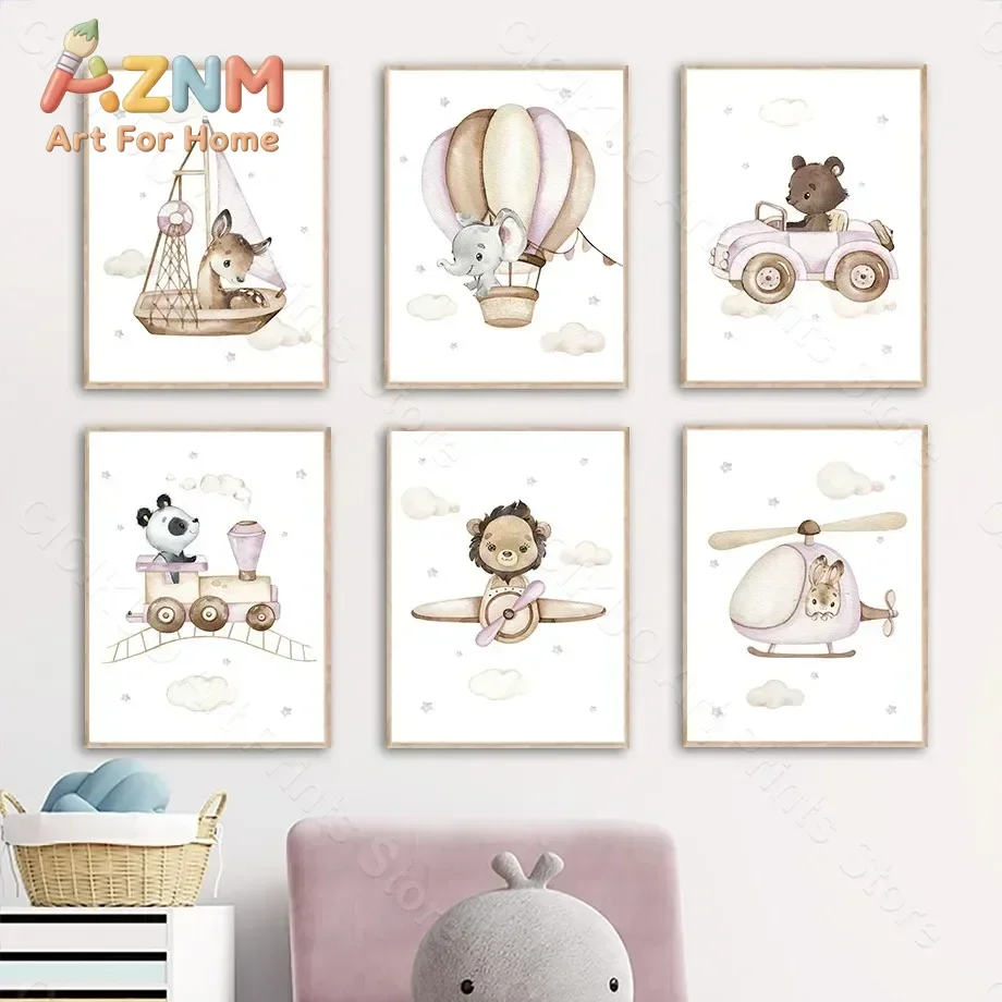 AZNM Watercolor Cute Baby Animal Canvas Wall Art Bear Elephant Deer Panda Transport Vehicle Print Unframed Canvas Poster for Nur