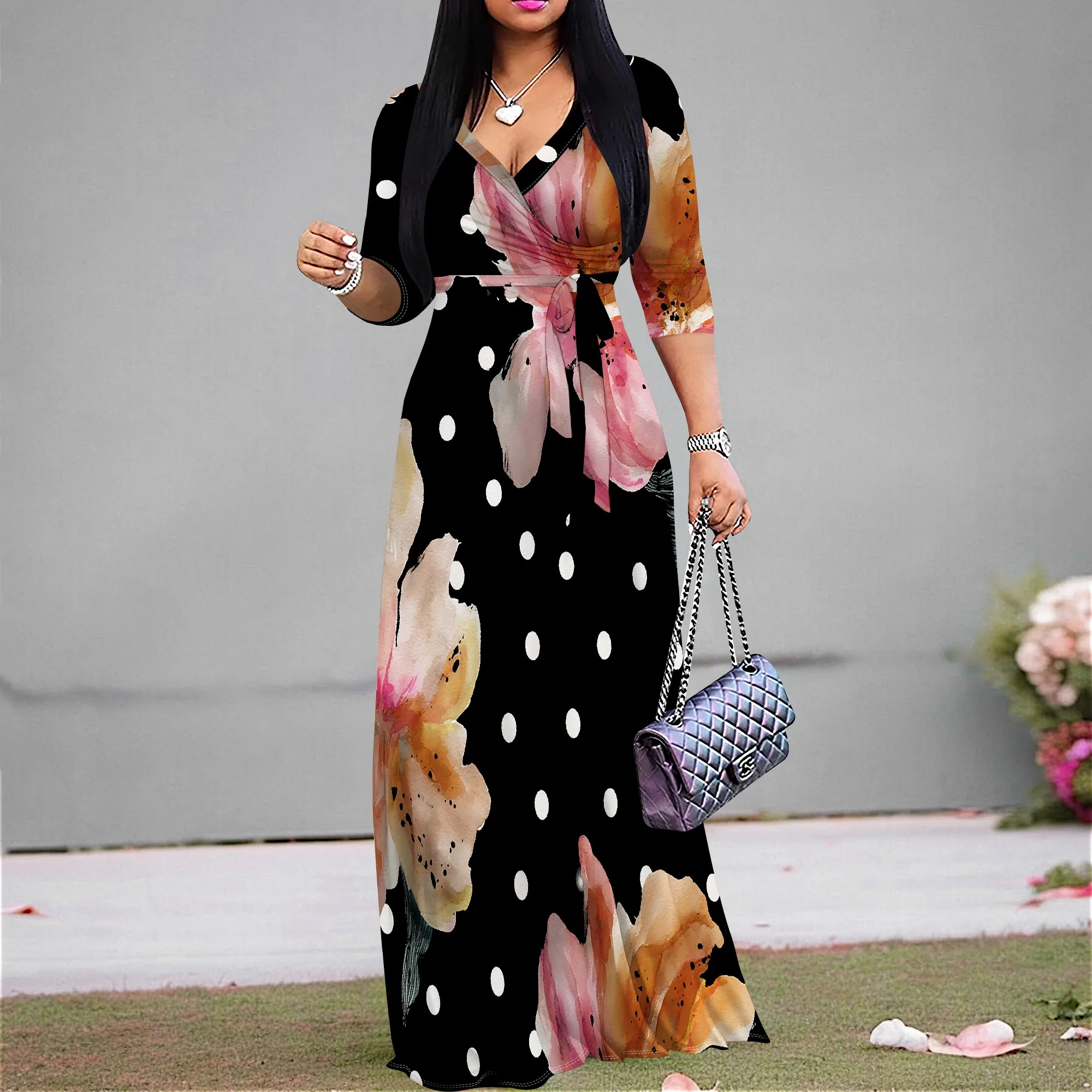 

Women's Elegant V-Neck Maxi Dress 3/4 Sleeve Floral Polka Dot Print Party Dress with Belt XS-3XL