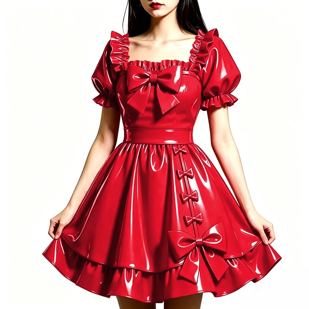 

Shiny PVC Leather Sweet Bow Prom Dress Party Glossy Square Neck A-line Flared Dress Club Gothic Lolita Ruffle Gowns Womens Dress