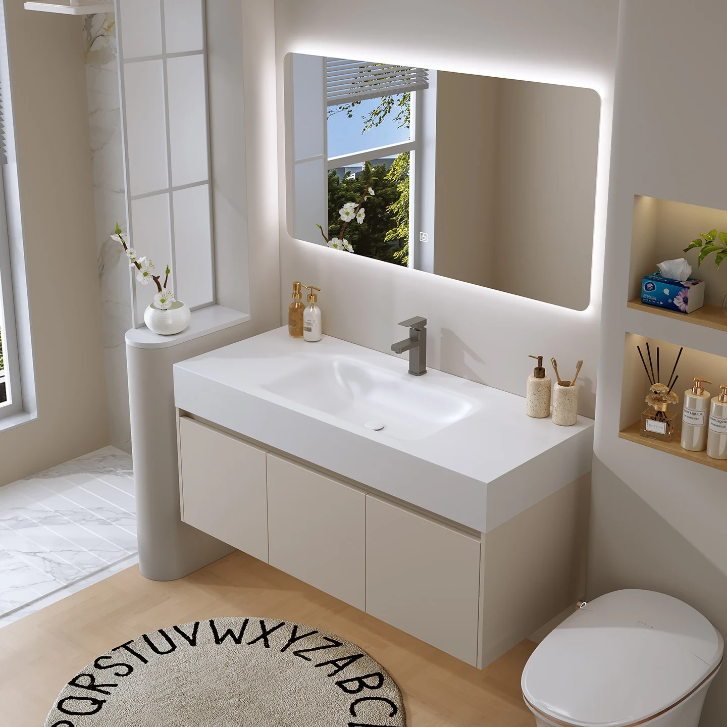 

ab-Sintered Stone Bent One-Piece Basin Vanity Set, Bathroom Minimalist Style Washbasin, Lavatory, Vanity Cabinet！