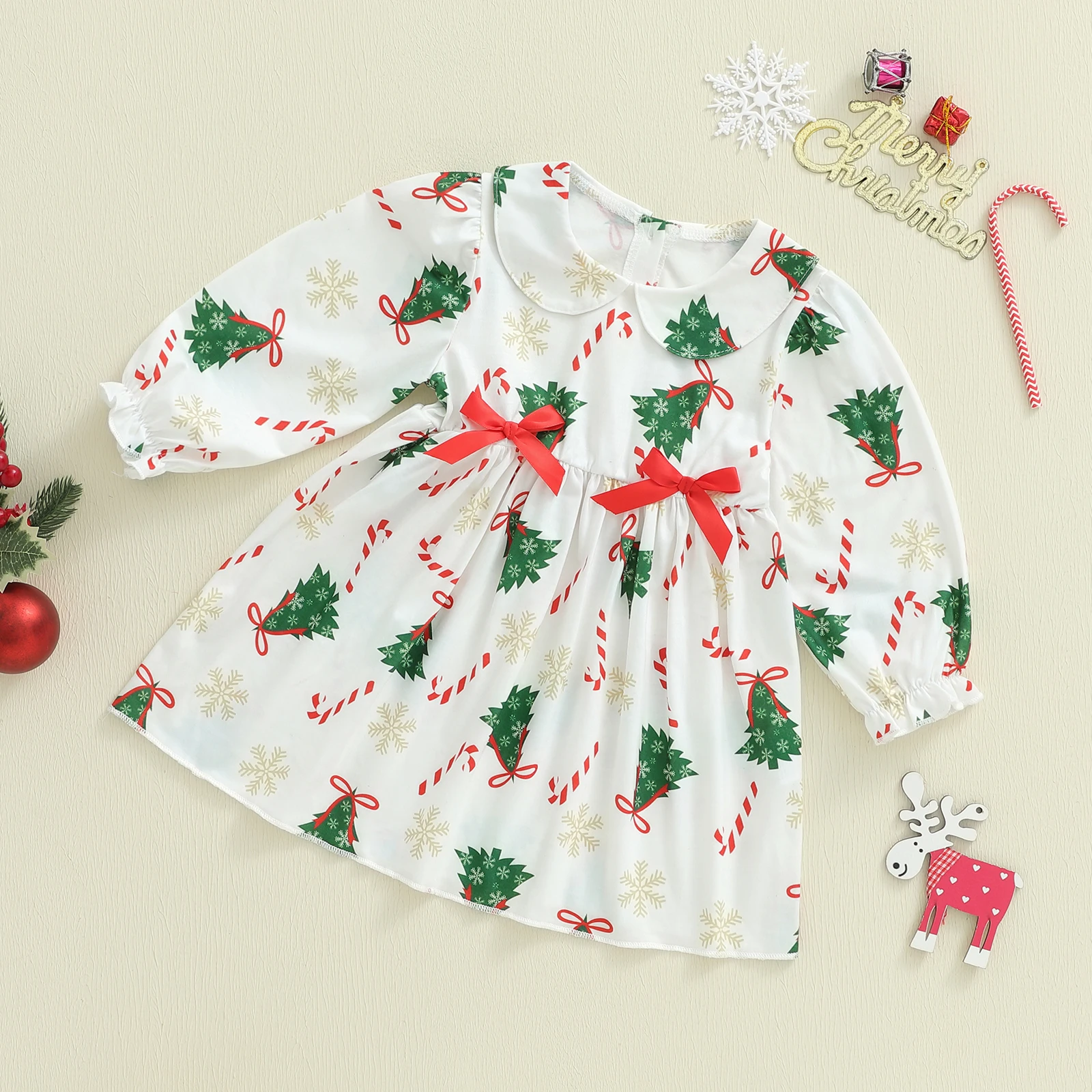 

Kids Girls Christmas Dress, Long Sleeve Dress Doll Collar Bows Tree Print Fall Dress