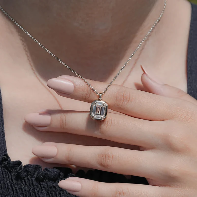 OXTAO Emerald Cut Minimalist Solitaire Pendant Necklace for Women 4CT Moissanite Charm Necklace Wedding Jewelry 14K Gold Filled view 5