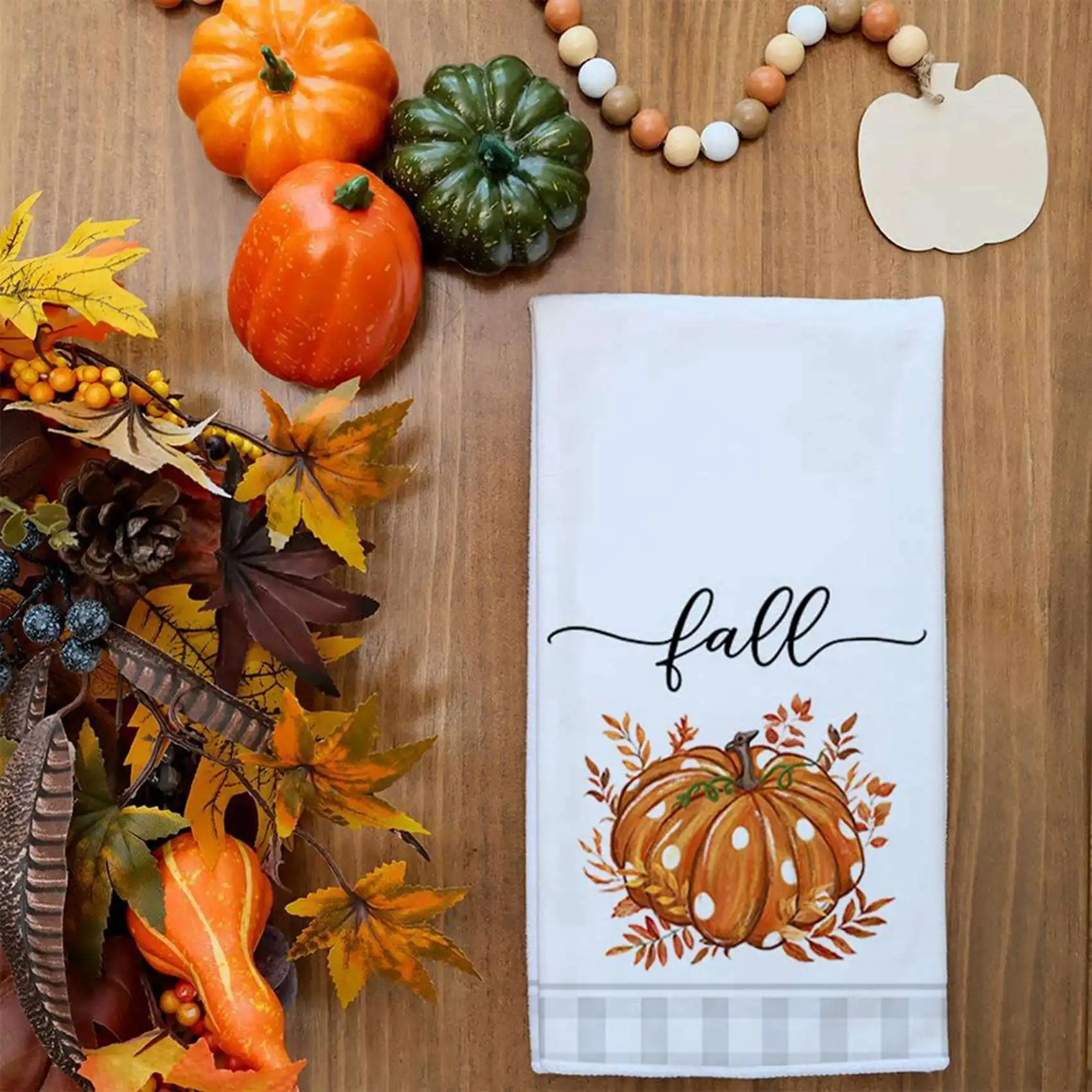 ABJN-4PCS Fall Kitchen Towels Set Of 4, Orange Pumpkin Grey Check Autumn Dish Towels Drying Dishcloth