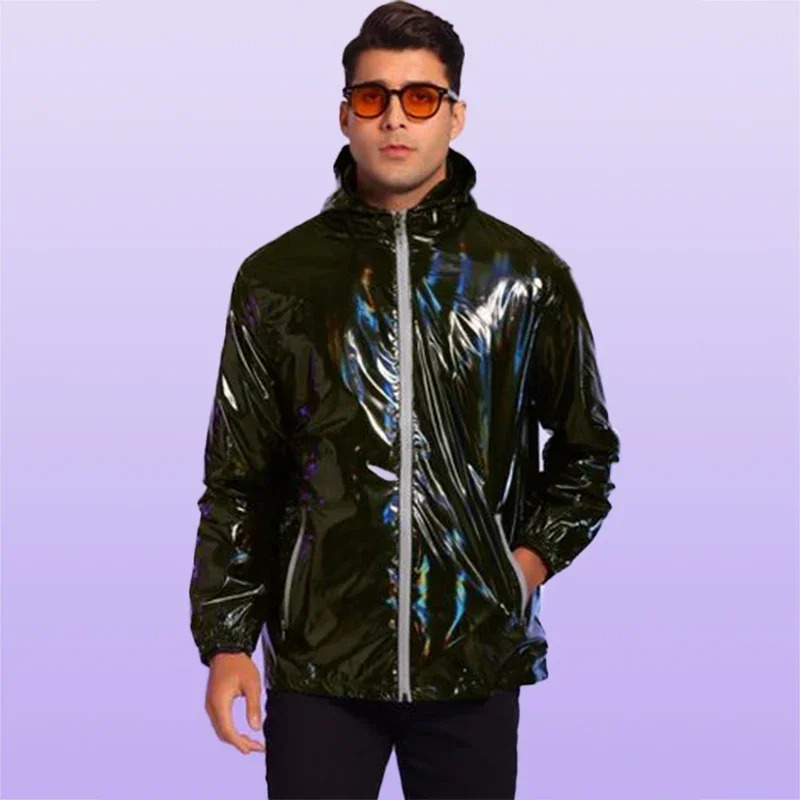 

Men's Faux Latex Hoodie Jacket Coat Dazzling Black Glossy Patent Leather PVC Coat Wetlook Male Casual Overcoat Full Zip Custom