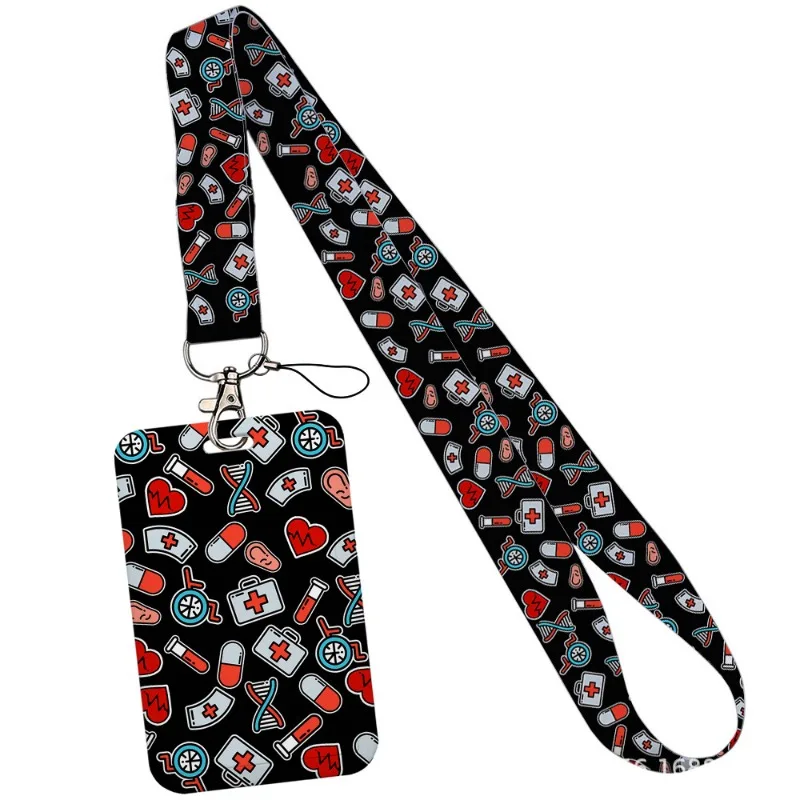 Nurse Doctor ID Badge Lanyard Neck Strap with Keychain Medical Pattern Work ID Card Holder Accessories