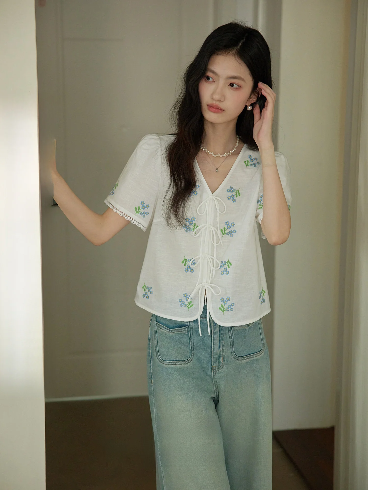 

ORWhite Women's Cotton Linen ort irt Vintage Sle Embroidered Knot Tie Top Floral Print Loose Fit Summer Faion