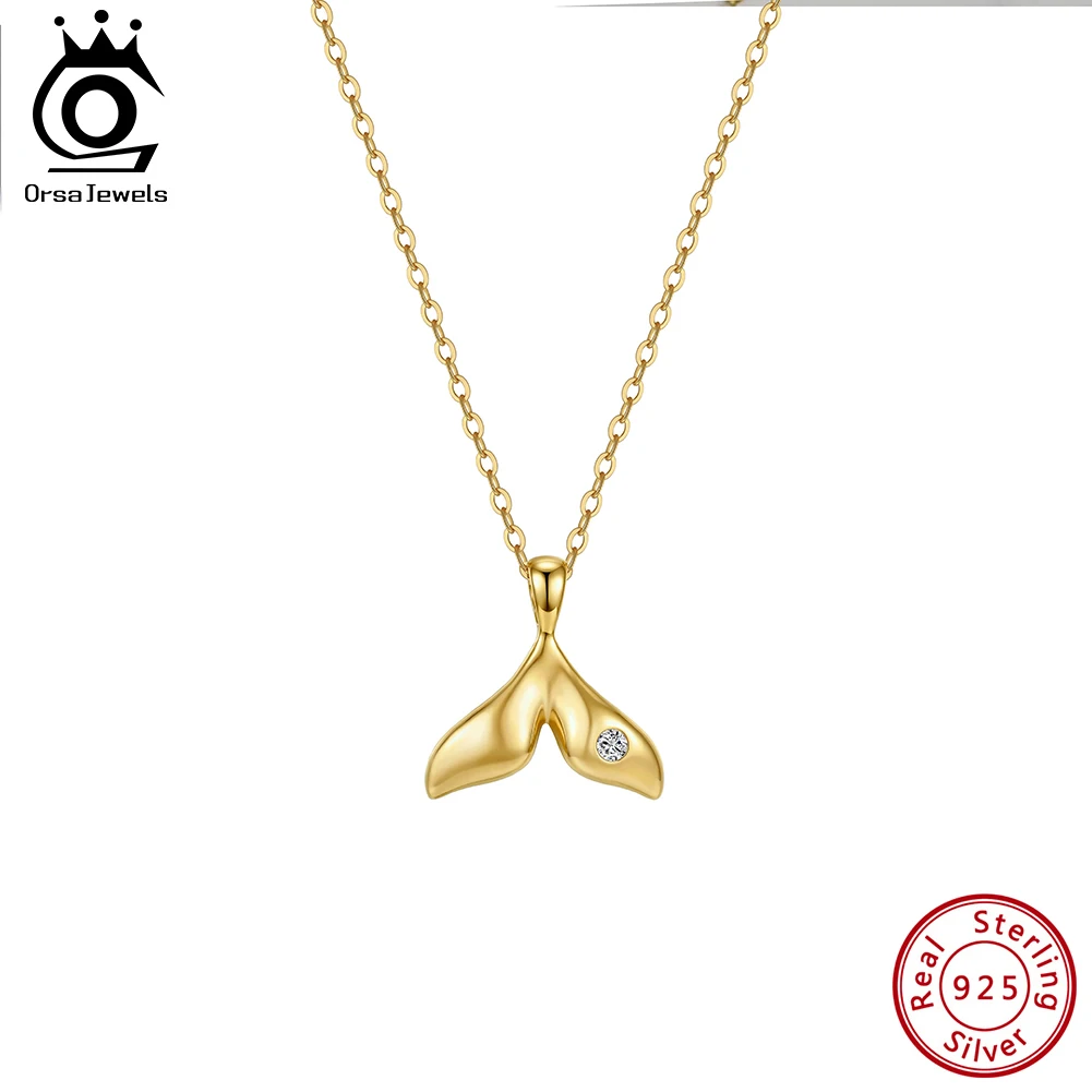 

ORSA JEWELS S925 Sterling Silver Trendy Zircon Fish Tail Shape Pendant Necklace Clavicle Chain Wedding Party Daily Gift SAPN64
