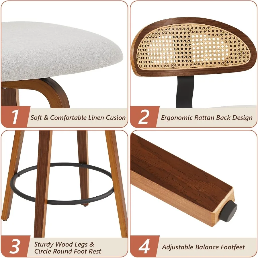 Swivel Counter Height Bar Stools 26 Upholstered Seat with Rattan Back and Bentwood Frame in Grey Mid Century Modern Design for