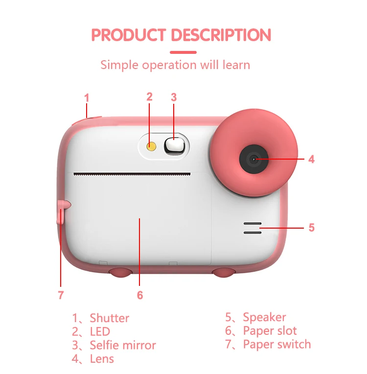 كاميرا الأطفال الطباعة في الوقت الحقيقي مرة واحدة التصوير ورق حراري بدون حبر كاميرا الطباعة باللونين الأبيض والأسود مع ورق الطباعة