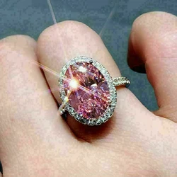 Huitan New Women Engagement Rings Oval Pink Cubic Zirconia Luxury Silver Color Proposal Wedding Bands Accessory Fashion Jewelry