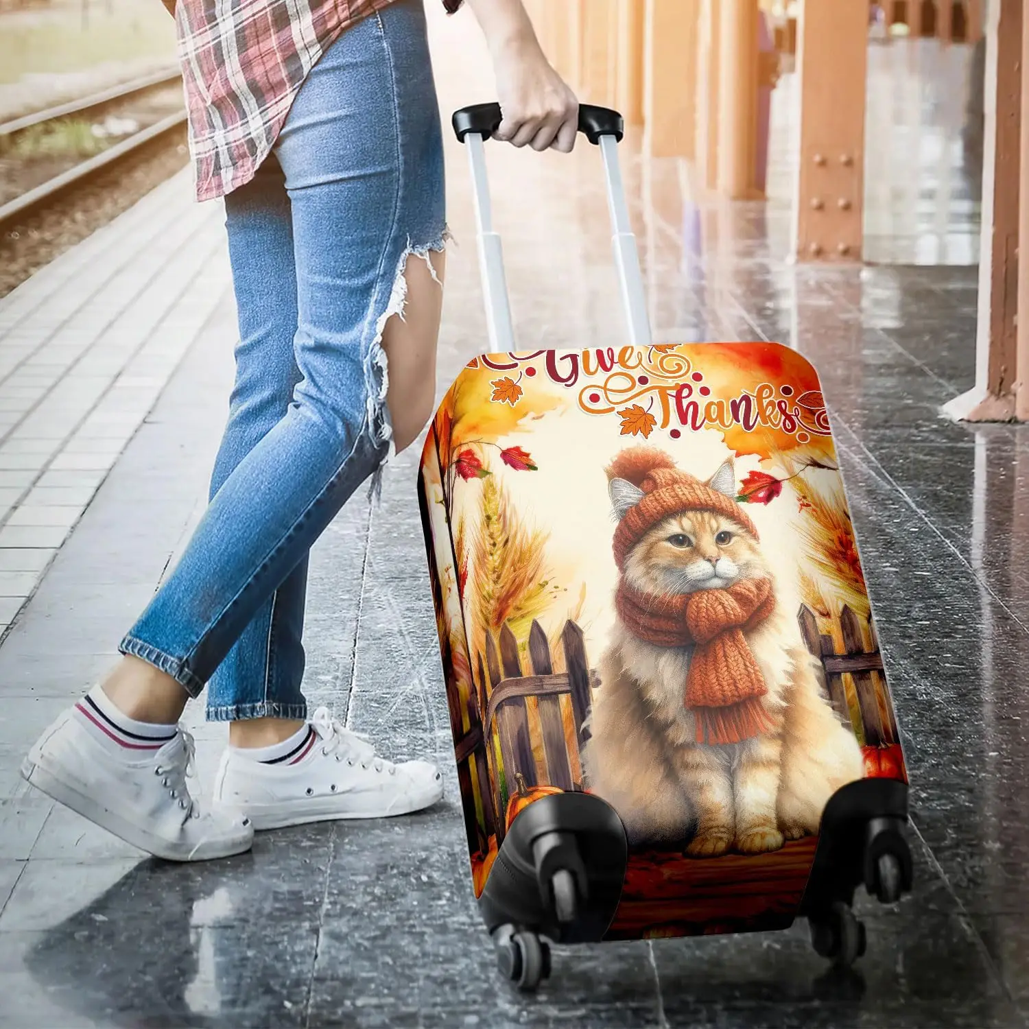 سعيد الشكر رجل يعطي شكرا الخريف قبعة وشاح ترحيب السفر غطاء الأمتعة القط عاشق هريرة مالك الهدايا حقيبة