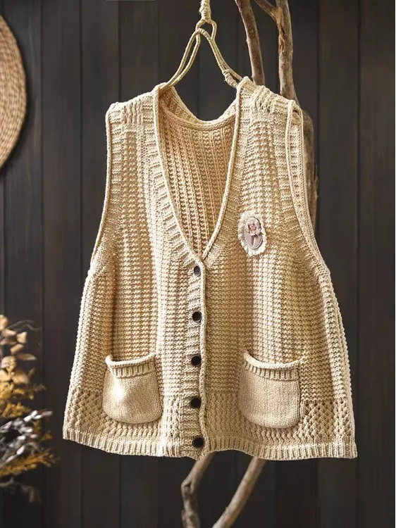 

Handmade Flower Double ket V-Ne Cotton Yarn Vest Women's Loose Casual Layering Knitted Cardigan Top Faion Autumn 2025