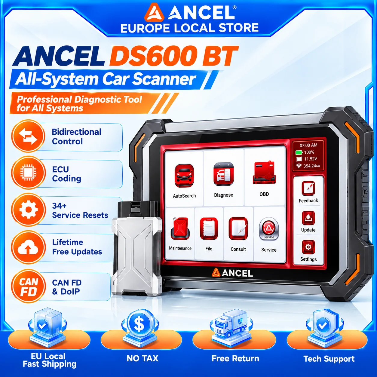 ANCEL DS600BT OBD2 Automotive Scanner Bidirectionele Controle Actieve Test ECU Codering DOIP CAN-FD FCA 34+ Reset IMMO Sleutelprogrammering DPF EPB TPMS Batterijregistratie Auto Diagnose Gereedschap