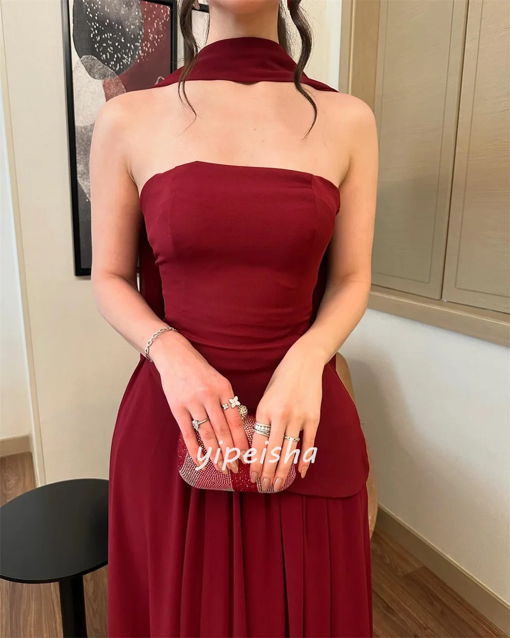 Personalizado elegante simples chiffon fita plissado em linha reta sem alças vestidos longos sob medida vestidos de ocasião tamanhos disponíveis moda