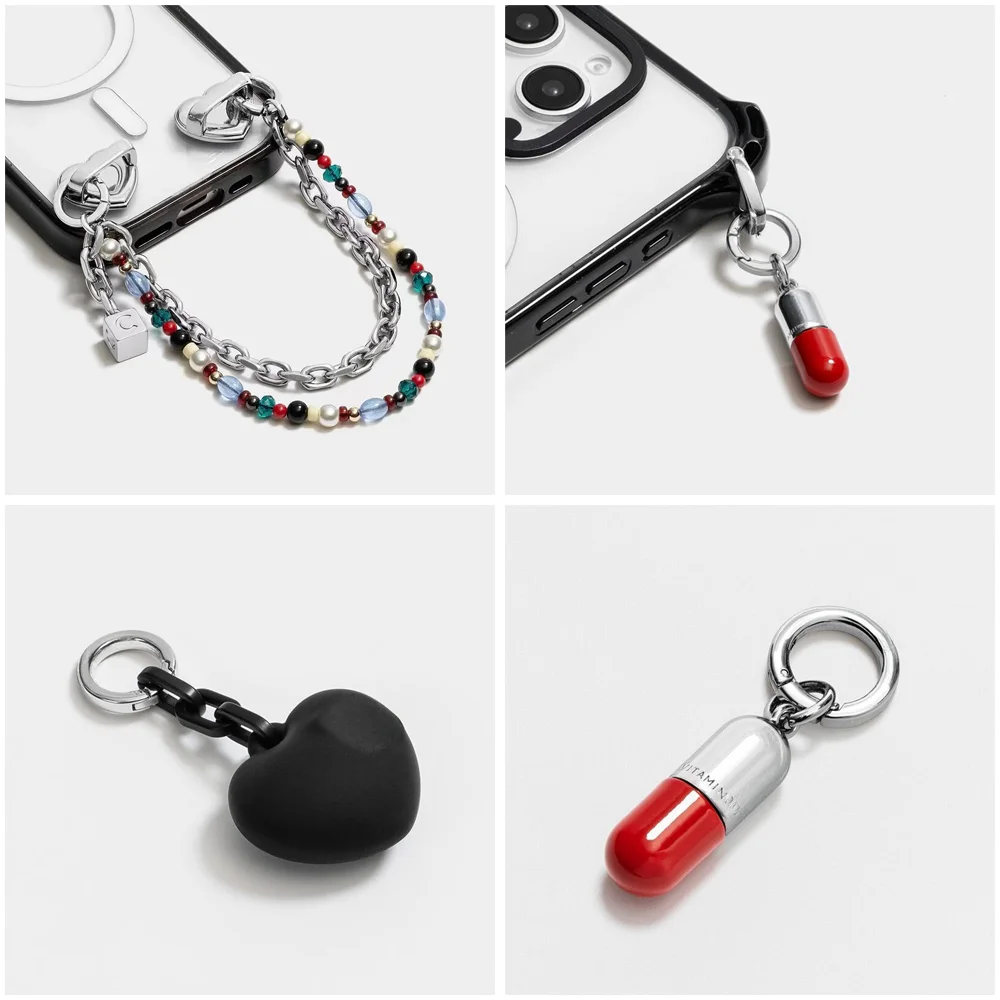 

Colorful Beads Pill Black Heart Pendant Phone Charm Short Chain Mobile Phone Accessories for IPhone for Galaxy