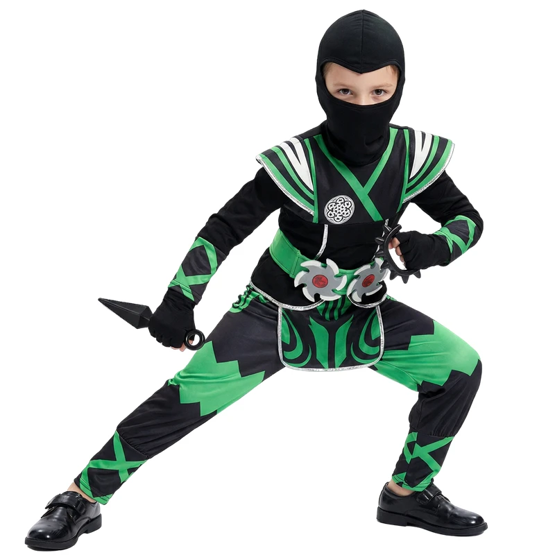 Conjunto de disfraz de ninja japonés para niños, disfraz de samurái verde con 9 piezas de juguete, regalo de Halloween, disfraz de fiesta para niño/niña