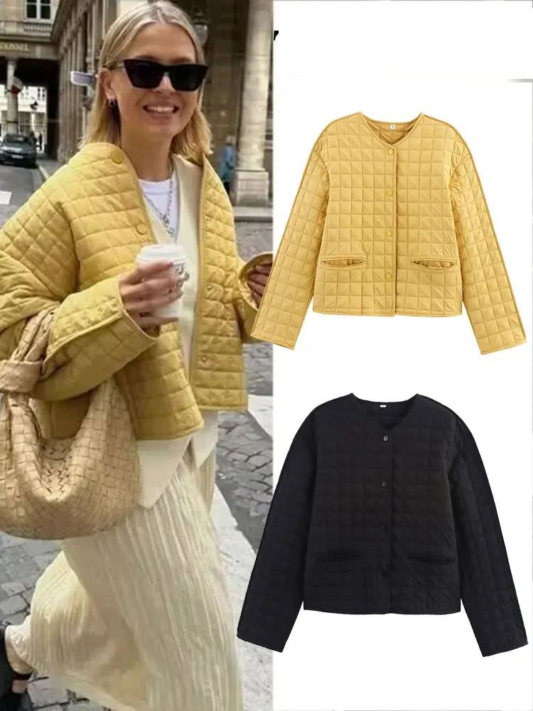 

HH 2025 зимняя женская модная клетчатая хлопковая куртка в стиле ретро с круглым вырезом, женская короткая куртка для завтрака, уличная одежда