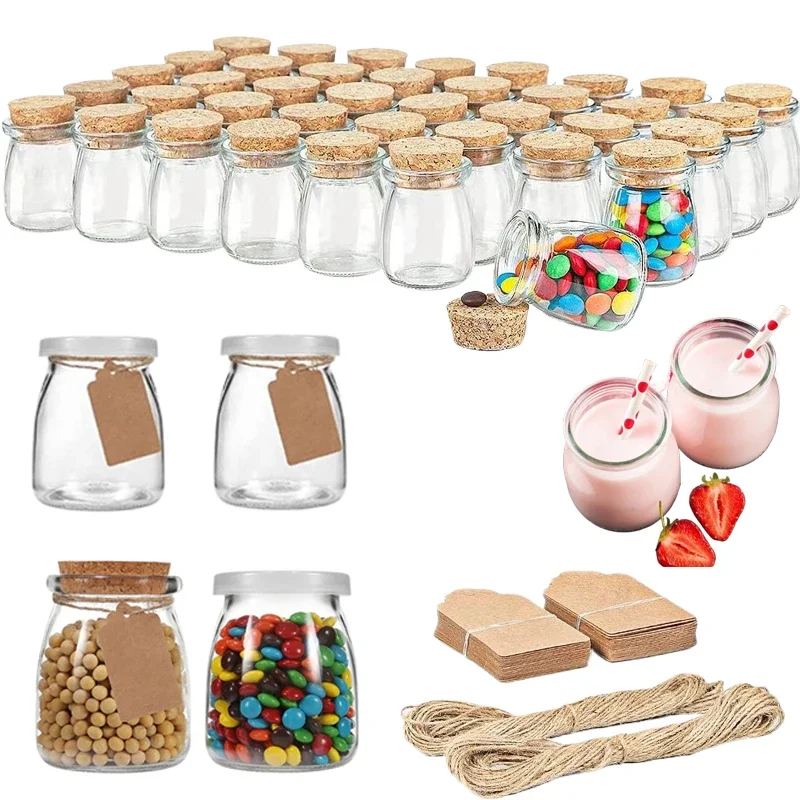 10Pcs 100/200ML Empty Glass Pudding Jars W/Cork Lid Glass Storage Containers  With Tags & Rope For Yogurt Family party Diy Honey