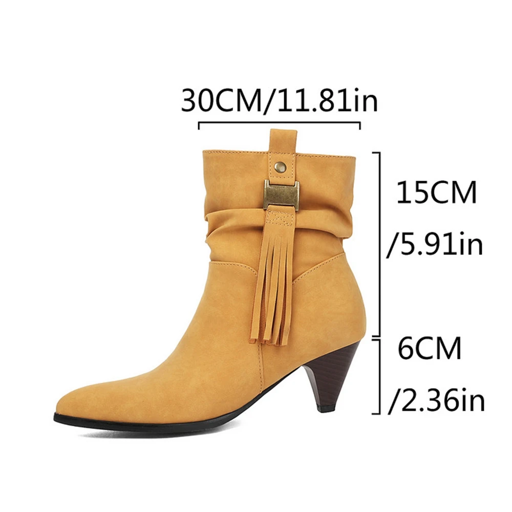 Women Pointed Toe Ankle Boots Tassel Decor Cone Heel Pleated Cuff Vintage Fashion Short Booties Plus Size 34‑48 6611 view 4