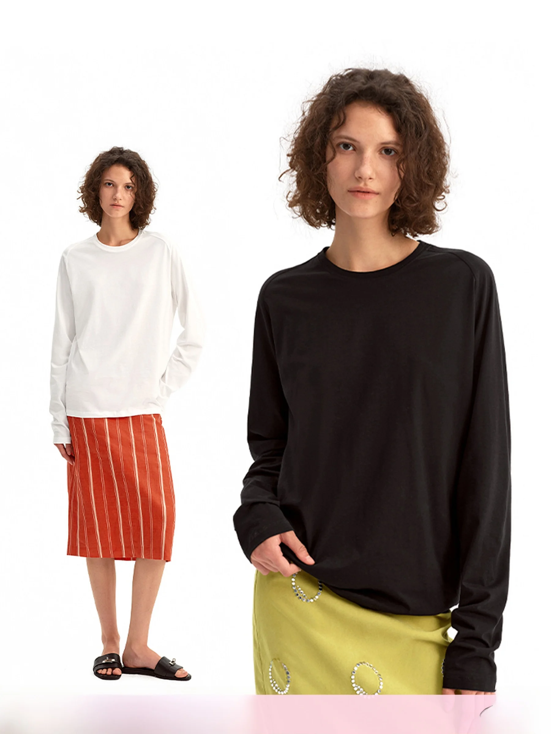 

Puki High Densi SUPIMA Cotton Base Layer Top Thin Transparent Texture Pure Cotton Women's T-irt Commute Sle Straight Cut