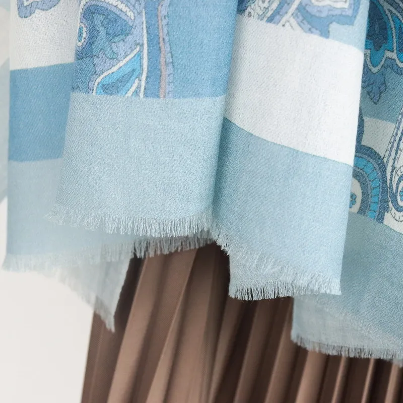 Luxury 100% Cashmere Soft Warm Shawl for Women Blue Tassels Large Long Pashmina Winter Neck Hair Accessory