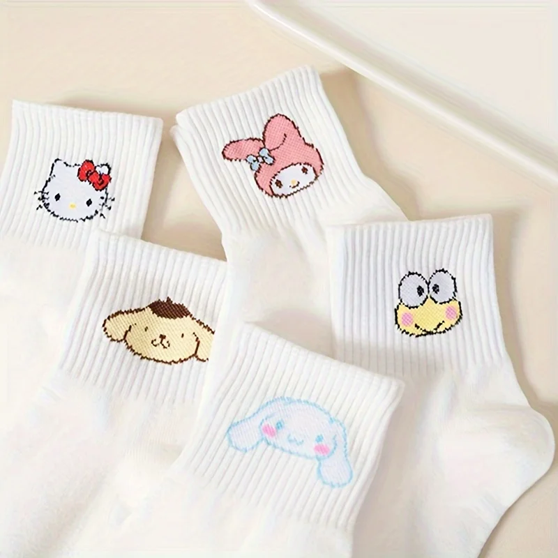 5 Pairs Kawaii Sanrio Hello Kitty Melody White Cartoon Socks, Cute & Breathable Mid Tube Socks, Gilrs School Stockings & Hosiery