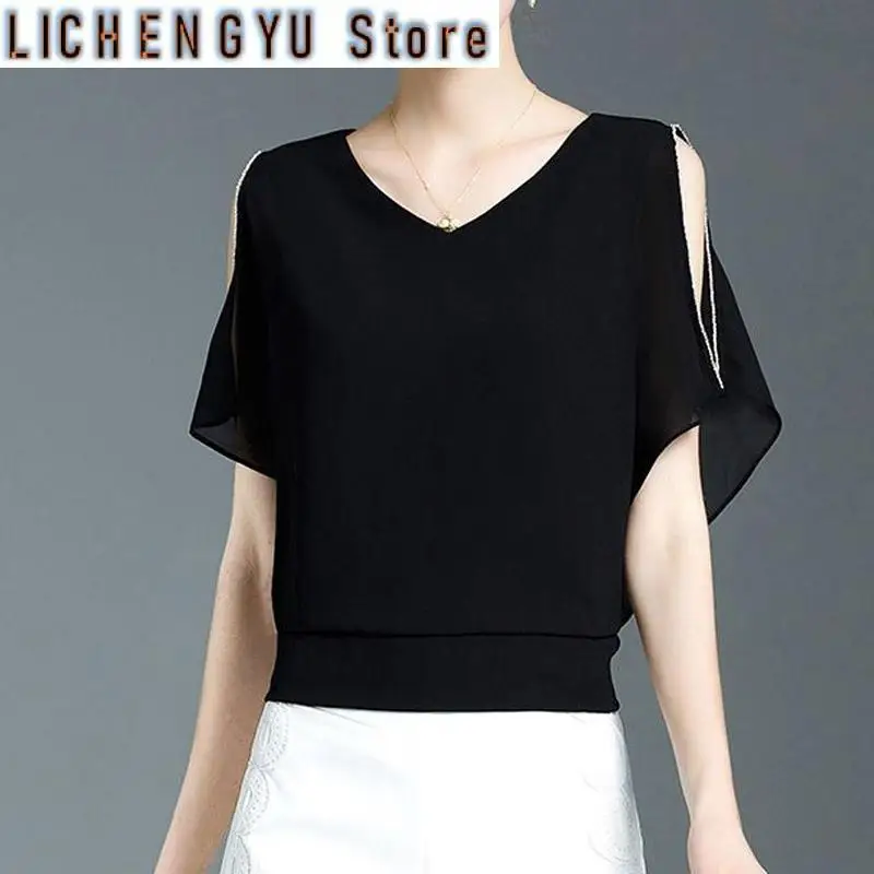 

Fashionable Chiffon Shirt Women Short-sleeved Super Fairy Black Bat Sleeve Fashionable Shirt Covering Belly Look Slim Top