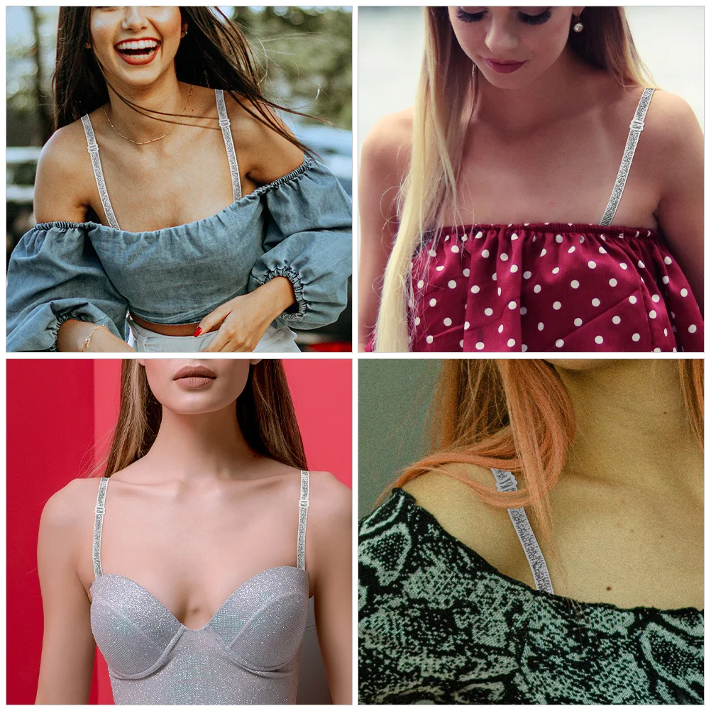 2Pairs Sparkling Adjustable Glitter Bra Shoulder Straps Elastic Non-Slip Removable Strapless Dress Extensions Wedding Lingerie