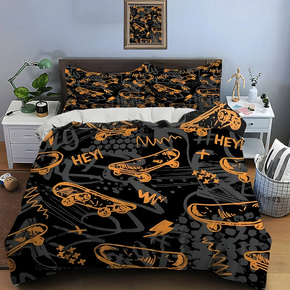 Graffiti skateboards with hand-drawn elements Bedding Set for Kids Luxury Gift 3pcs Digital Print Comforter Set Soft Comfortable