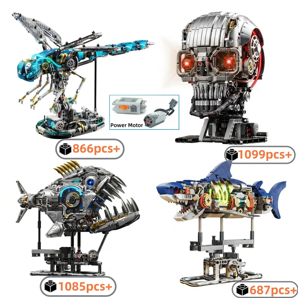 

2026 Mechanical Creative Animal Bricks Kit Dragonfly shark Skull Piranha Power Model Technical STEM Educational Toy For Kids