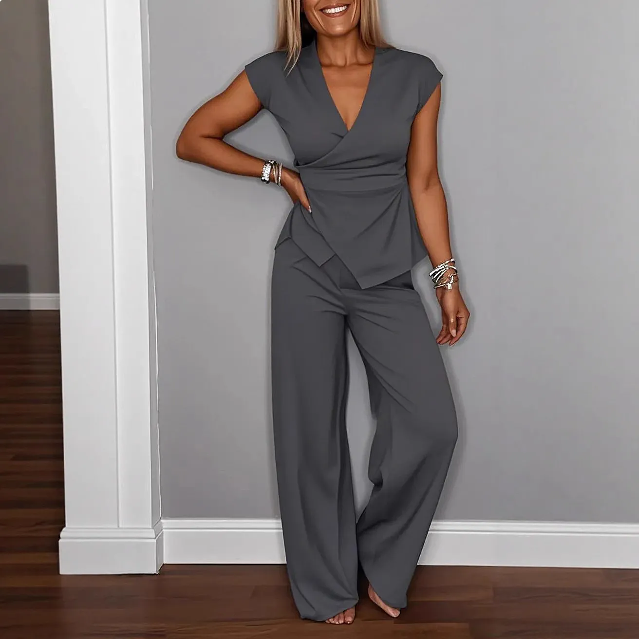 Women's Solid Pleated Short Sleeve Pants Set with Metal Button Matching Set Jumpsuit Playsuit