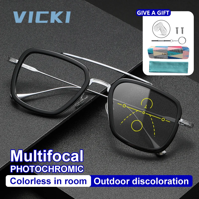 vicki-超軽量チタンフレーム、大フレーム、累進多焦点レンズ、調光レンズ、ブルーライトカットメガネ、度数調整可能