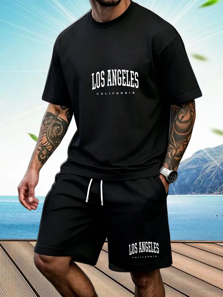 

Men's summer casual breathable short sleeved street loose T-shirt shorts two-piece set men's outdoor vacation sports fashion set
