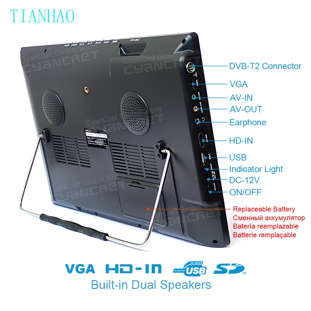 تلفزيون محمول LEADSTAR D14C مقاس 14 بوصة بدون بطارية DVB-T2 TDT تلفزيون سيارة صغير رقمي وتناظري يدعم HD-IN H.265 AC3 #3