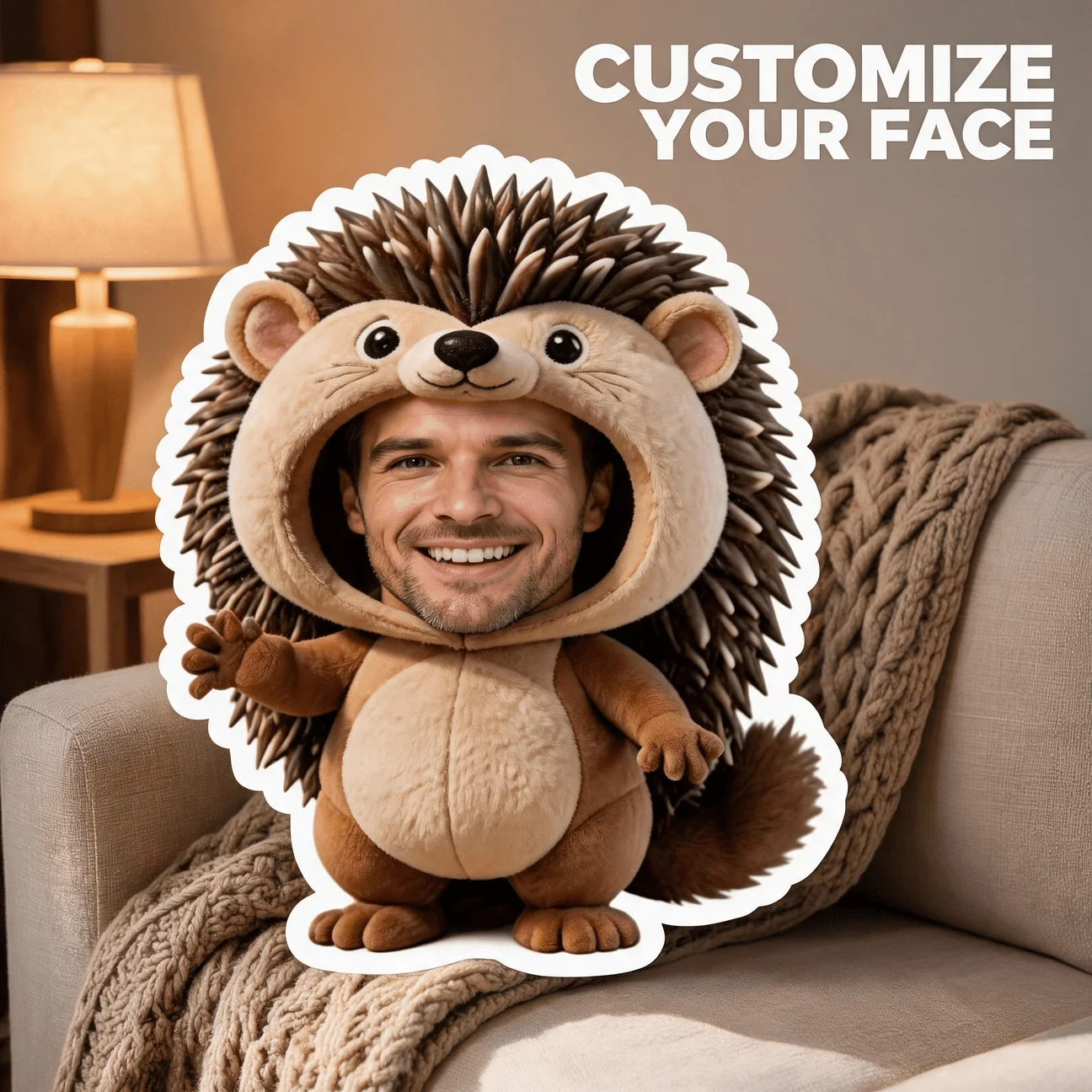 Custom Photo Shaped Pillow, Funny Hedgehog Costume Face Decorative Cushion, Unique Home Decor Accent for Sofa & Bedroom, Novelty