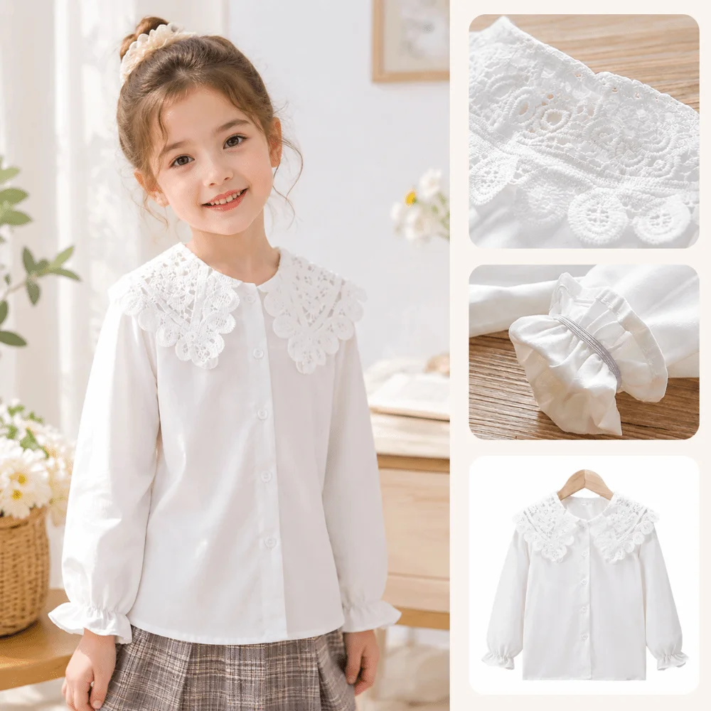 Lace Embroidery Long Sleeve Blouse Solid Color White Long Sleeved Lace Collar Shirt Hollow Out Collar 1-6Y Size Cotton Shirt Top