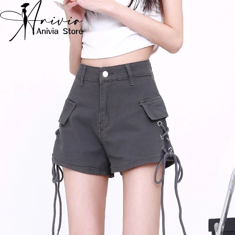 

Anivia New Summer Women High Waist Button Wigh Leg Jeans Shorts Lace Up Grey/Khaqi Casual Female Loose Fit Y2K Denim Shorts 2024