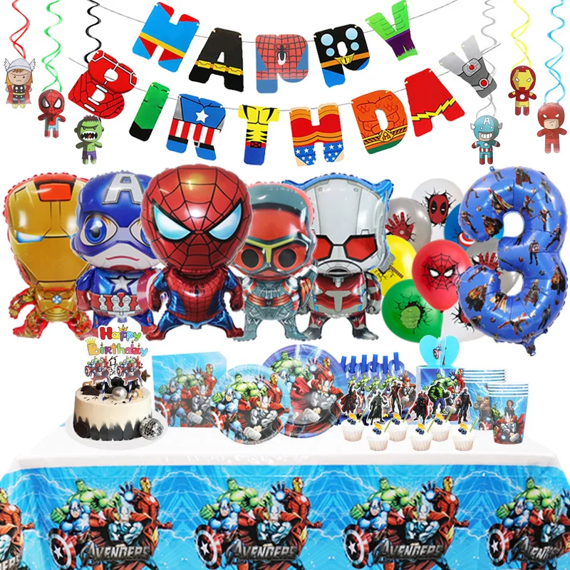 Avengers Birthday Party Decoration New Pattern Number Balloon Kids Event Supplies Disposable Tableware Banner Backdrop Plate Cup