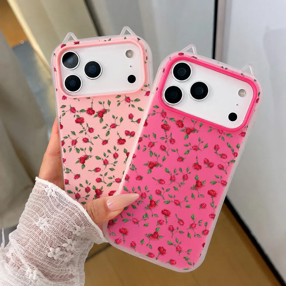 Red Rose Flower Cat Ear Phone Case For iPhone 17 Pro Max 17 16 15 13 12 14 Two-in-one For iPhone 11 Capinha Capa TPU Shockproof