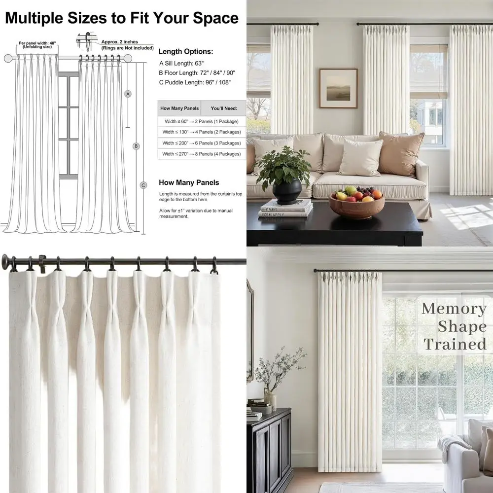 

96 Linen Curtains with Memory Pleat, Natural Birch, Cream Ivory, Light Filtering for Living Room and Bedroom