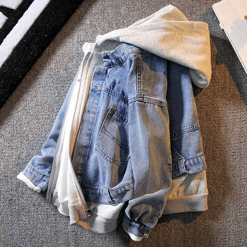 Autumn Children Denim Coat for Big Boys Korean Solid Color Hooded