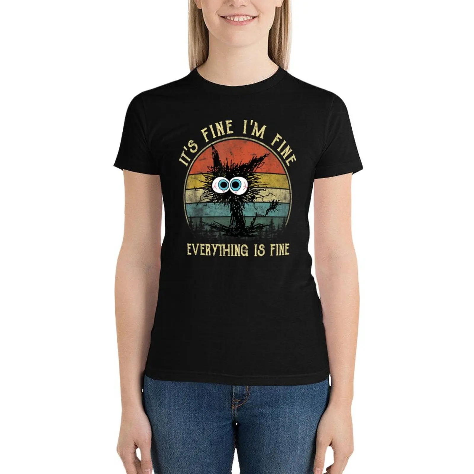 

it's fine i'm fine everything is fine funny black cat T-Shirt female funny vintage clothes Women tops