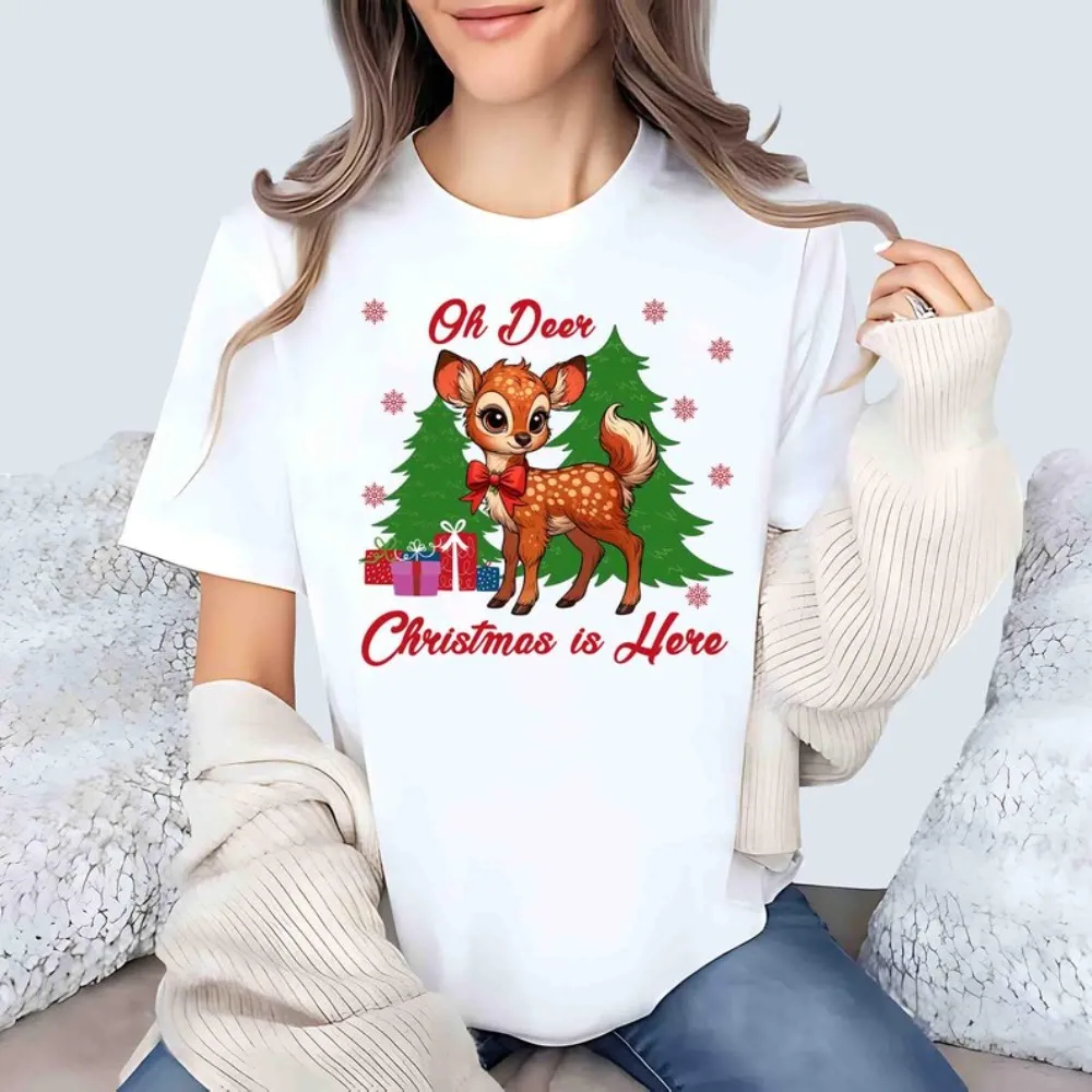 

Oh Deer Christmas Is Here Tshirt Retro Reindeer Tee Xmas Holiday Deer Shirt Festive Season Women Casual Clothing Fashion Tops