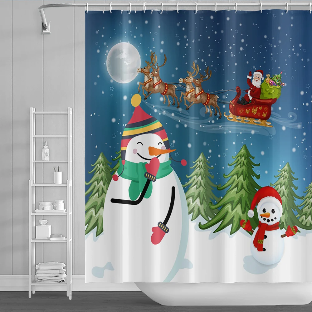 

Winter Reindeer Santa Claus Shower Curtain Cute Snowman Snow Forest Pine Tree Xmas Snowflake Bathroom Bath Curtains with Hooks