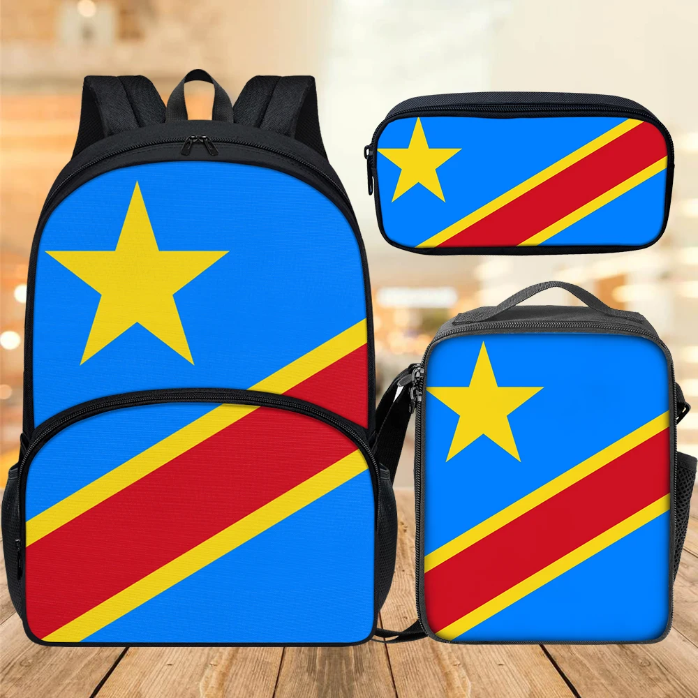 

Congo Flag Print Primary Schoolbags Set Casual Bookbags Back to School Backpacks Pencil Case Small Satchel Women Men Patriotic