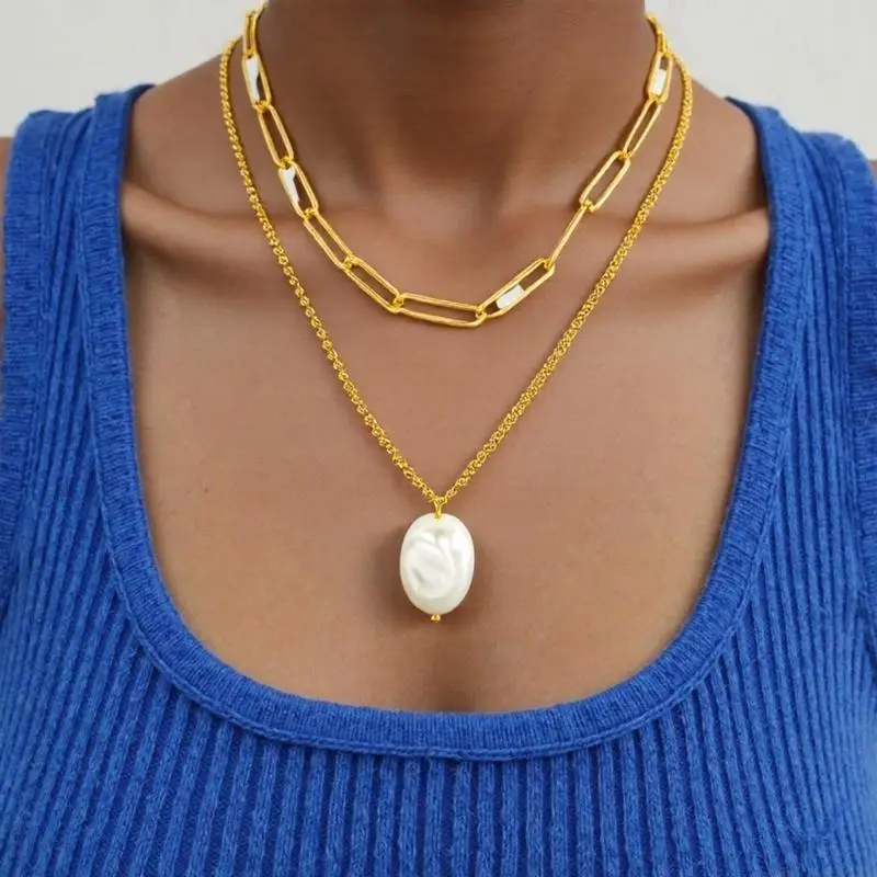31BF Double Strand Simulated Pearls Necklace Steel Chain Adjustable Length Dainty Jewelry Gift for Her