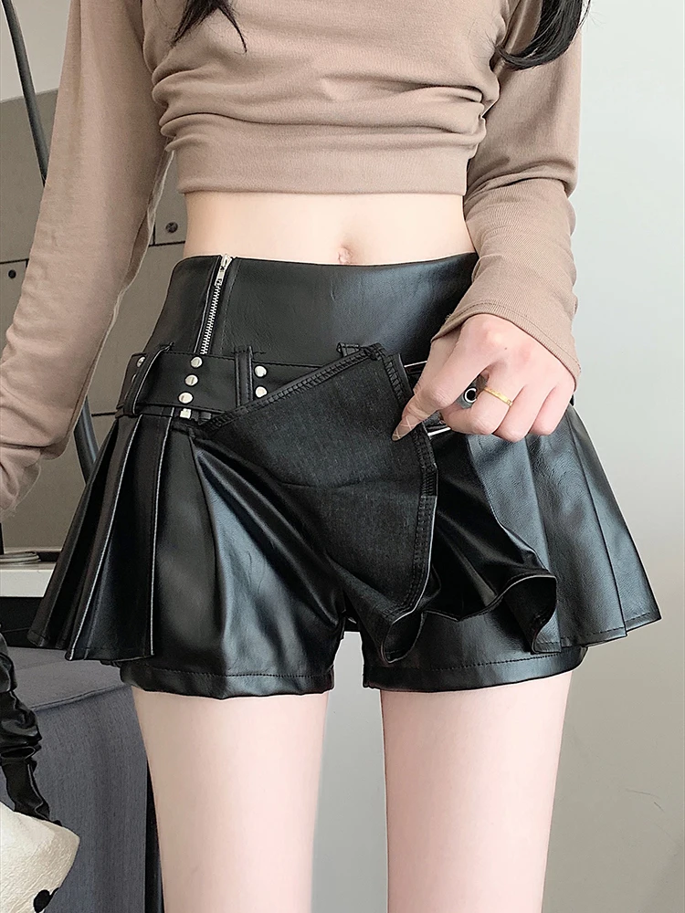 Damen Schwarzer Gothic A-Linie Plissee Lederrock Y2k Mini Shorts Röcke Harajuku Koreanischer Emo Rock 2000er Vintage Kleidung