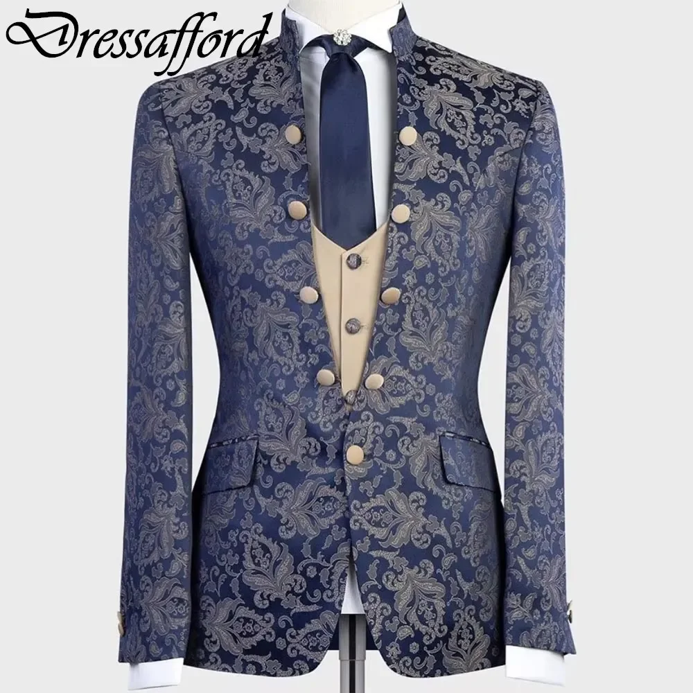 Royal Blue Three Pieces Printing Men Suits Gorgeous Formal Party Blazer Groom Wear ( Jacket + Vest + Pants )