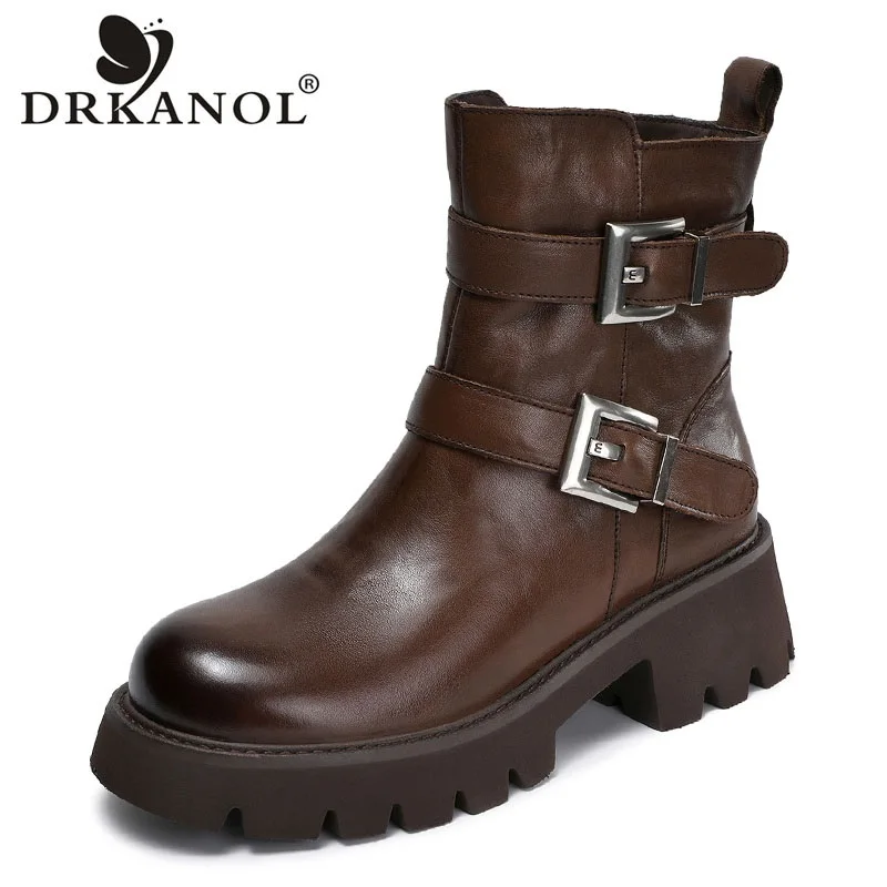 DRKANOL Women Chunky Platform Mid Calf Boots Autumn Winter Genuine Cow Leather Street Style Thick High Heel Casual Warm Boots